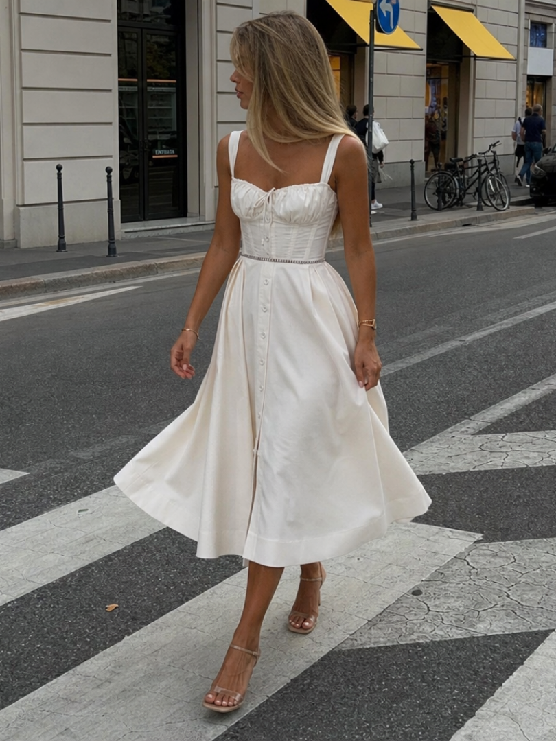 Women Fitted A-line sleeveless midi dress with Tie for Summer