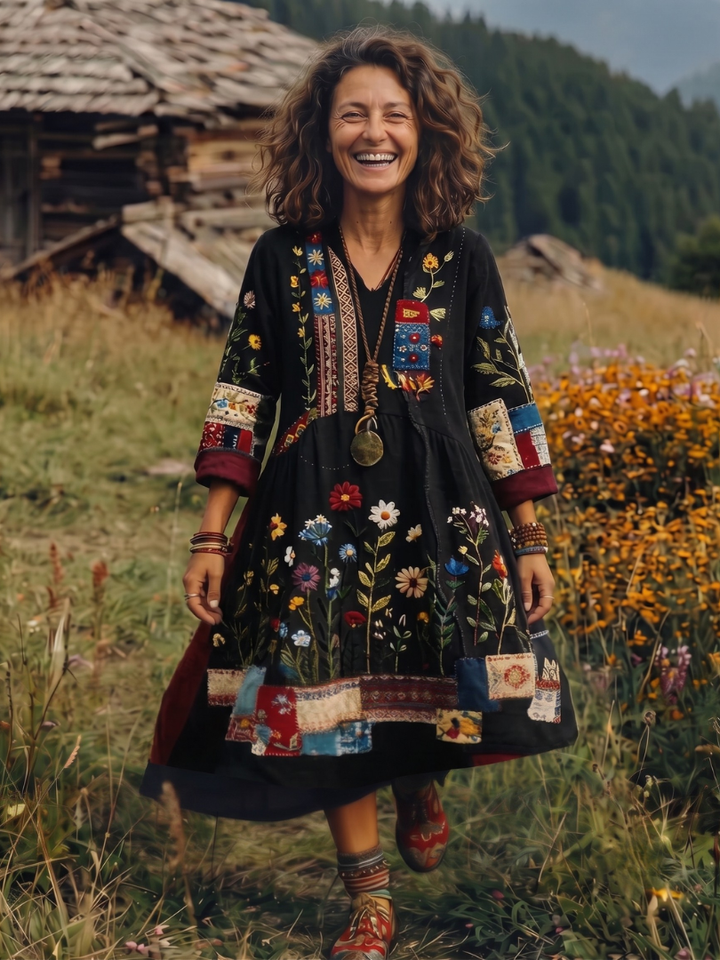 Alix | Embroidered Panel Long Sleeve Midi Dress