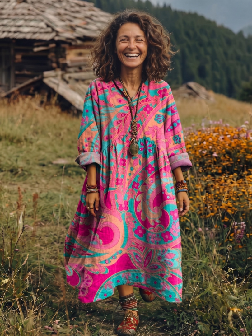 Alix | Embroidered Panel Long Sleeve Midi Dress