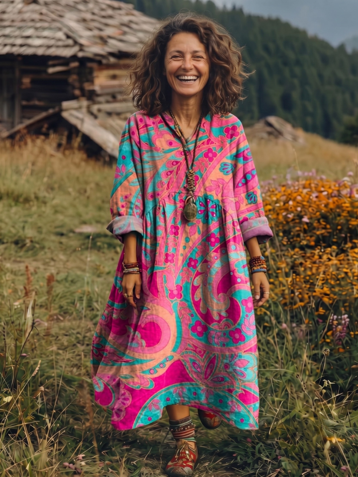 Alix | Embroidered Panel Long Sleeve Midi Dress