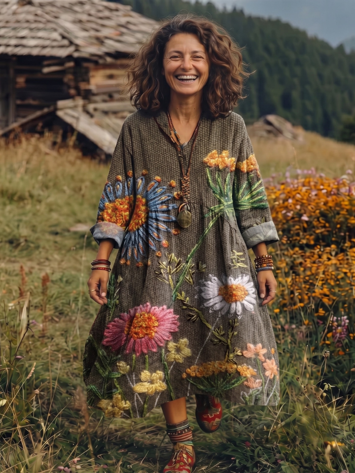 Alix | Embroidered Panel Long Sleeve Midi Dress