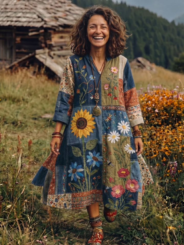 Alix | Embroidered Panel Long Sleeve Midi Dress