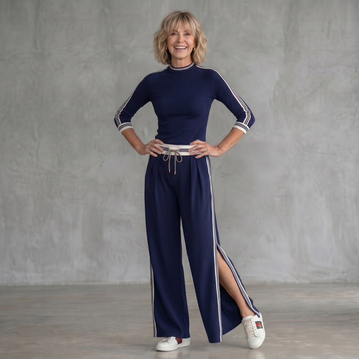 Eirlys | Contrast Stripe High Neck Top &amp; Side Slit Wide Leg Pants Set
