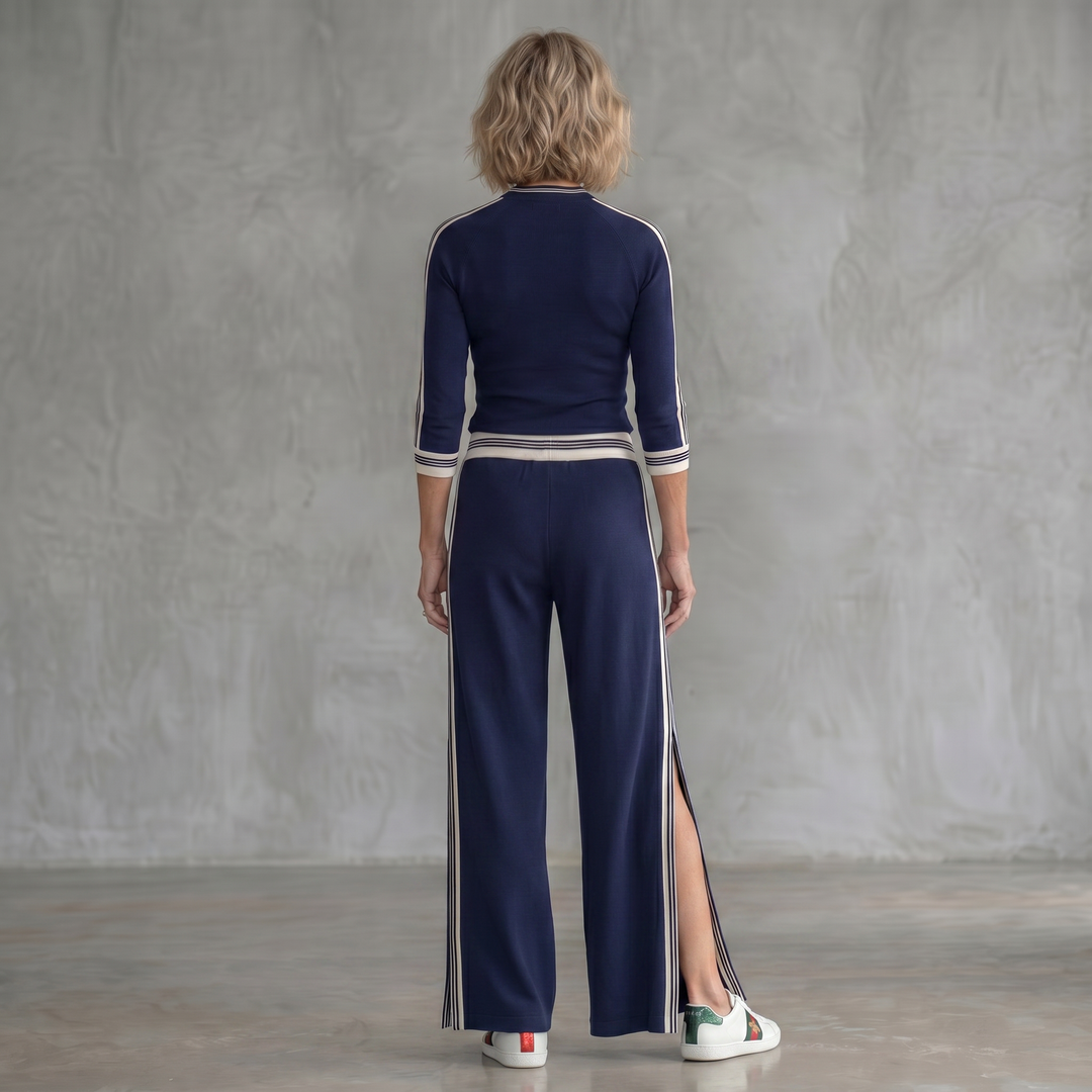 Eirlys | Contrast Stripe High Neck Top &amp; Side Slit Wide Leg Pants Set