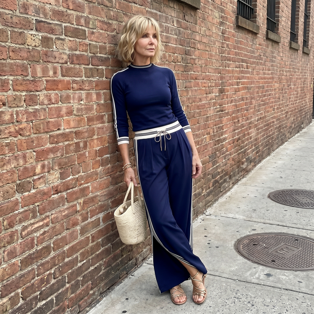 Eirlys | Contrast Stripe High Neck Top &amp; Side Slit Wide Leg Pants Set