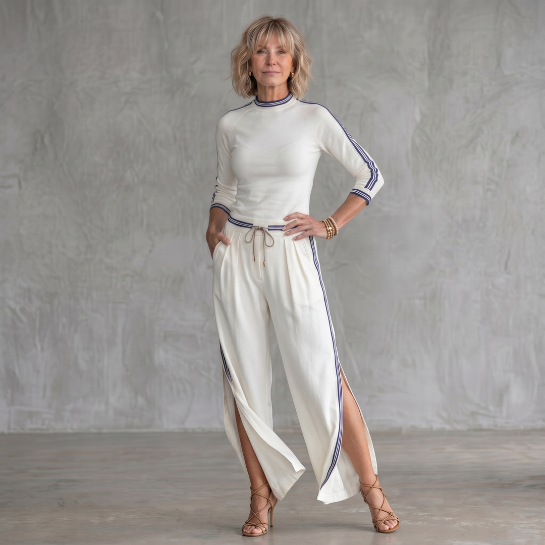 Eirlys | Contrast Stripe High Neck Top &amp; Side Slit Wide Leg Pants Set