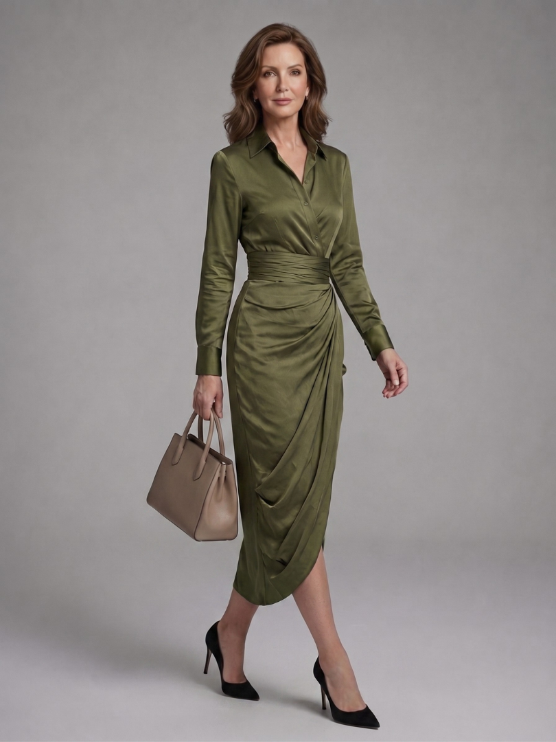Odessa | Long Sleeve Collared Wrap Midi Dress