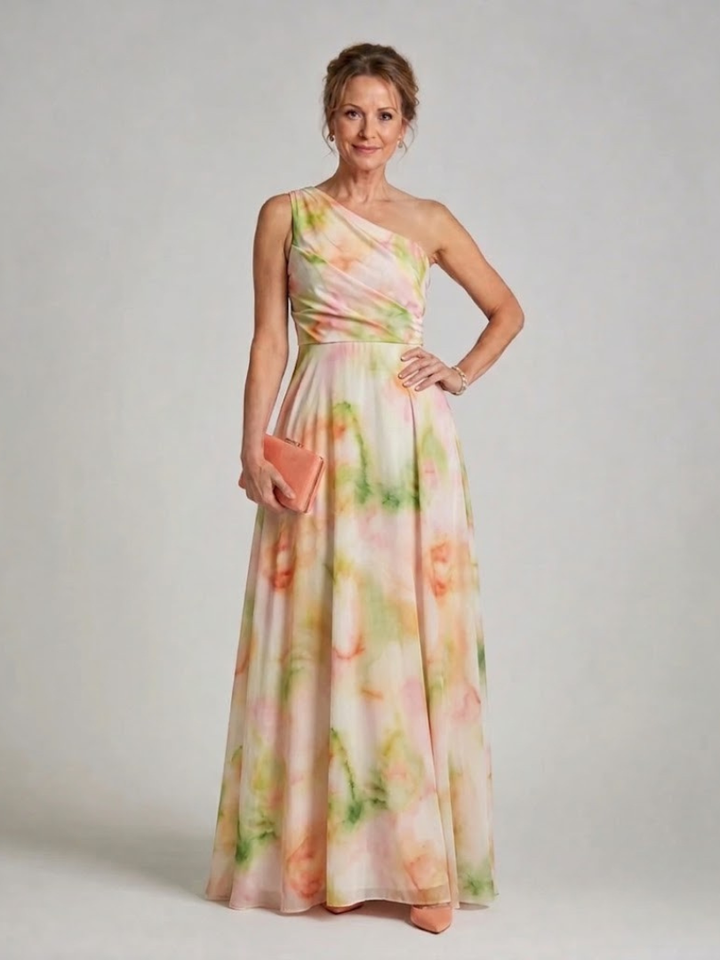 Olene | Watercolor One Shoulder Flowing Maxi Dress