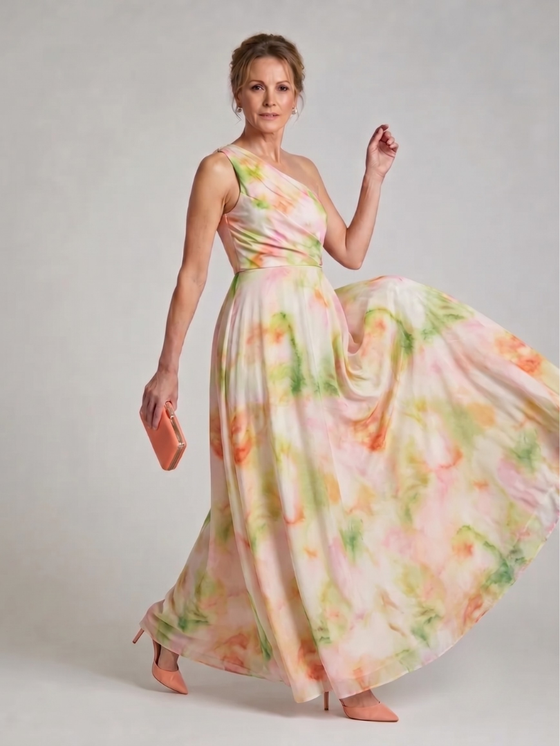 Olene | Watercolor One Shoulder Flowing Maxi Dress
