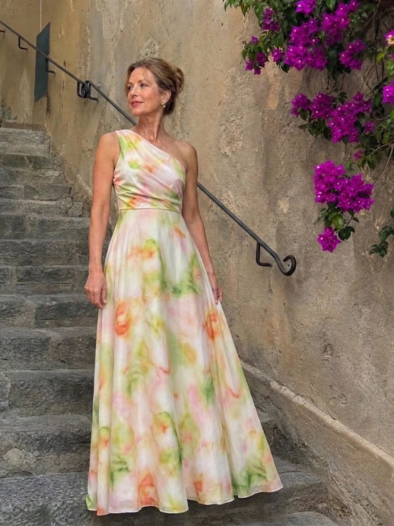 Olene | Watercolor One Shoulder Flowing Maxi Dress