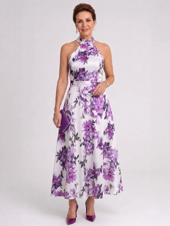 Omego | Soft Bloom Halter Neck Flowing Midi Dress