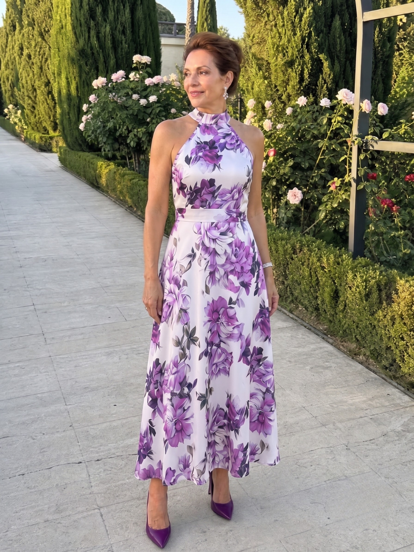 Omego | Soft Bloom Halter Neck Flowing Midi Dress