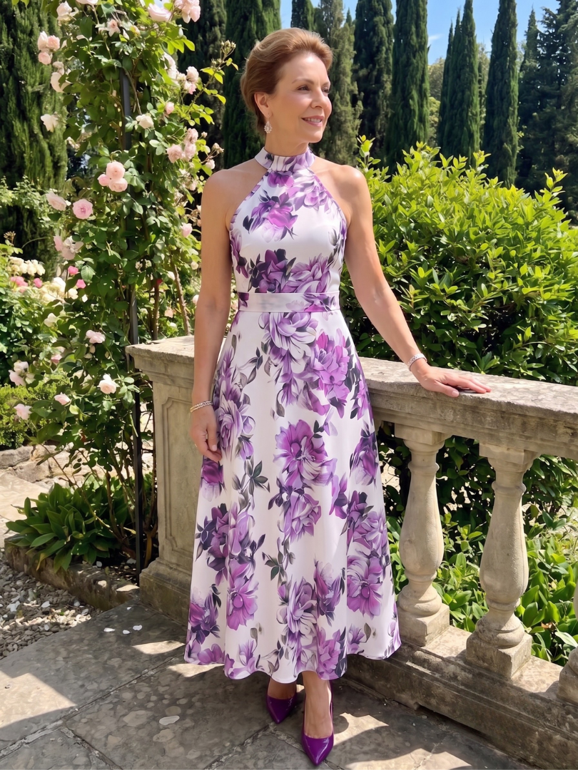 Omego | Soft Bloom Halter Neck Flowing Midi Dress