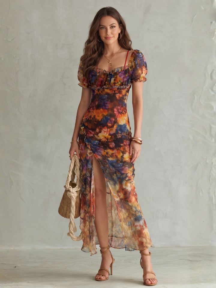 Ciel | Ruffled Sleeve Ruched Slit Midi Dress