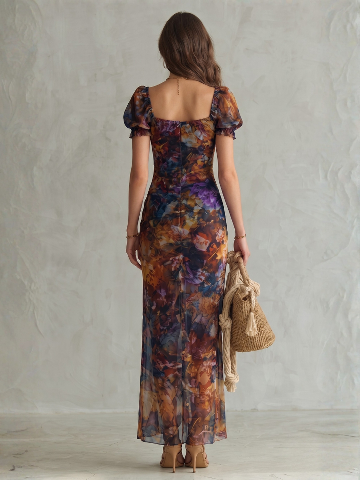 Ciel | Ruffled Sleeve Ruched Slit Midi Dress