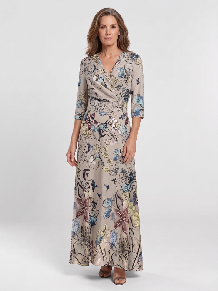Margaret | Three Quarter Sleeve Floral Maxi Wrap Dress