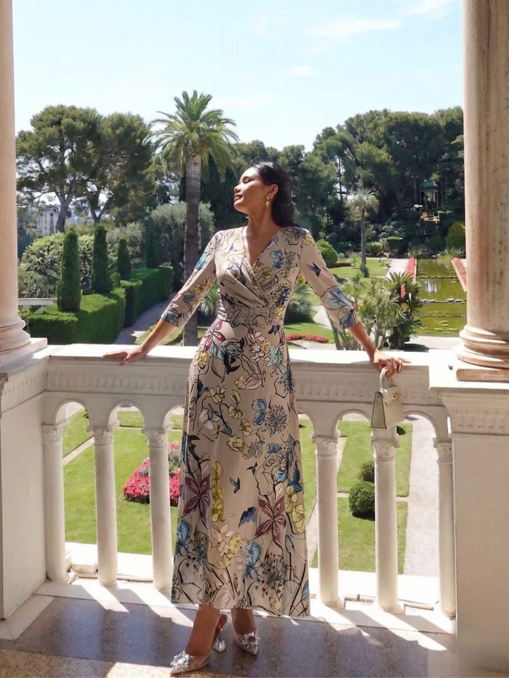Margaret | Three Quarter Sleeve Floral Maxi Wrap Dress