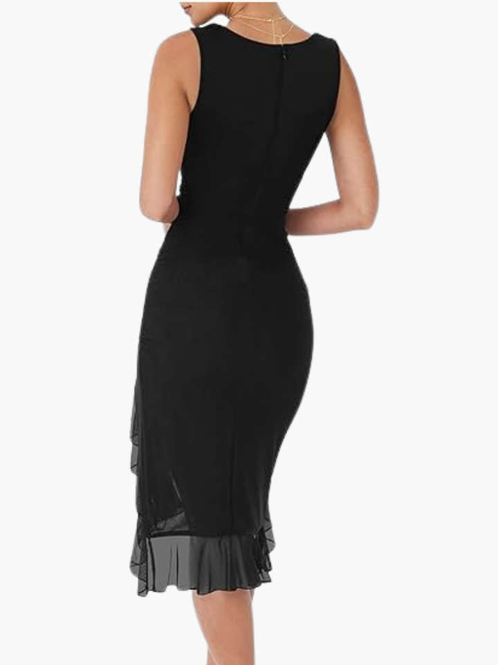 Muget | Women’s Midi Dress with Square Neckline and Layered Hem