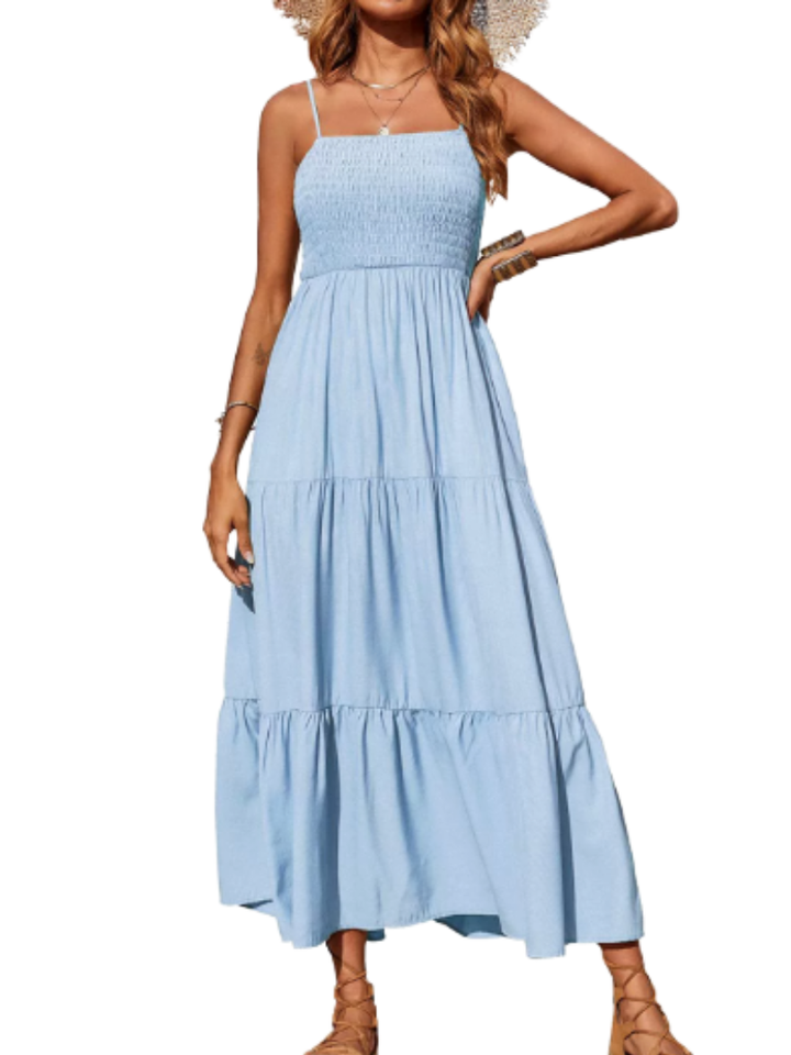 Gemma | Women’s Midi Dress with Straight Neckline and Tiered Skirt