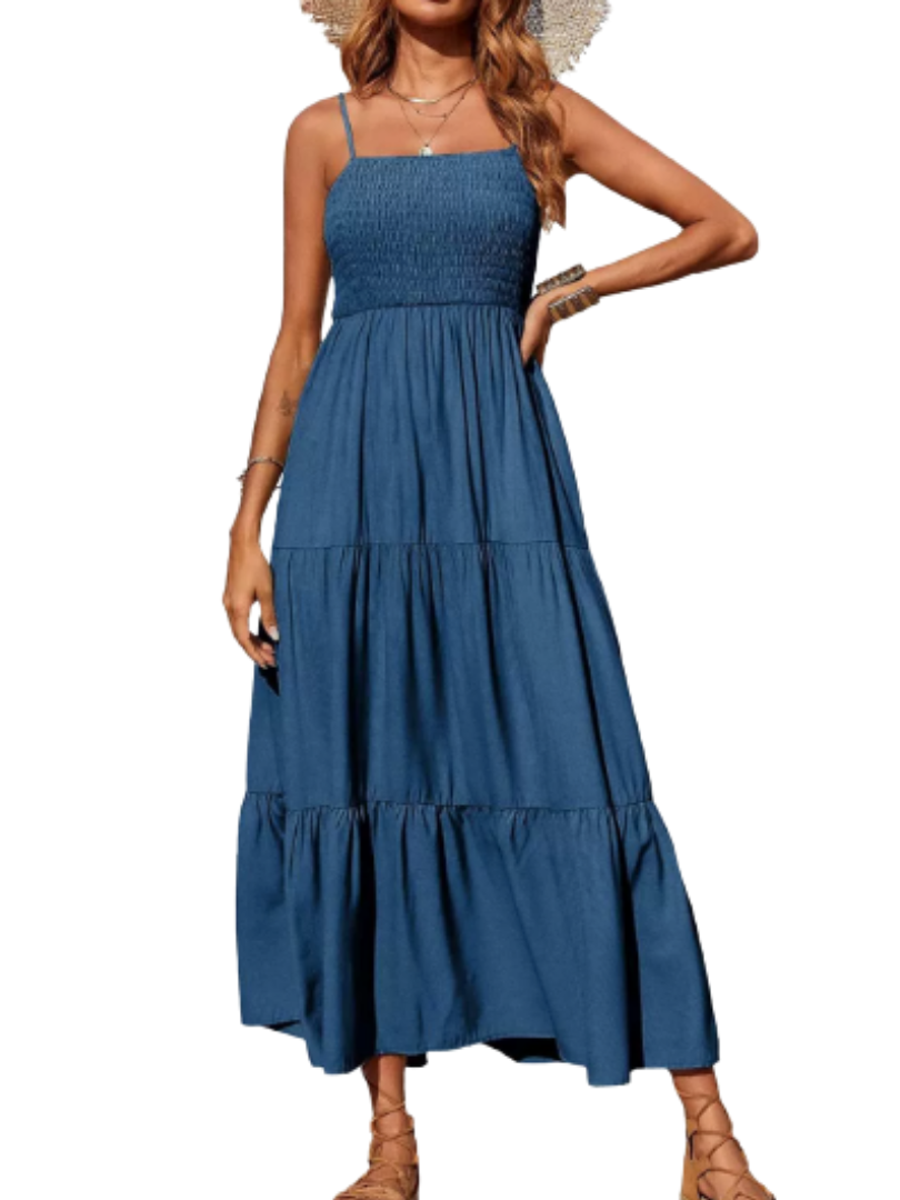 Gemma | Women’s Midi Dress with Straight Neckline and Tiered Skirt