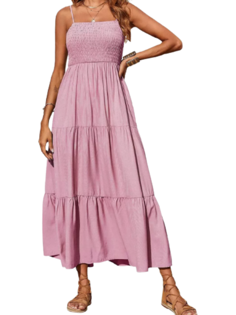 Gemma | Women’s Midi Dress with Straight Neckline and Tiered Skirt