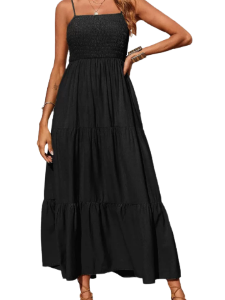 Gemma | Women’s Midi Dress with Straight Neckline and Tiered Skirt